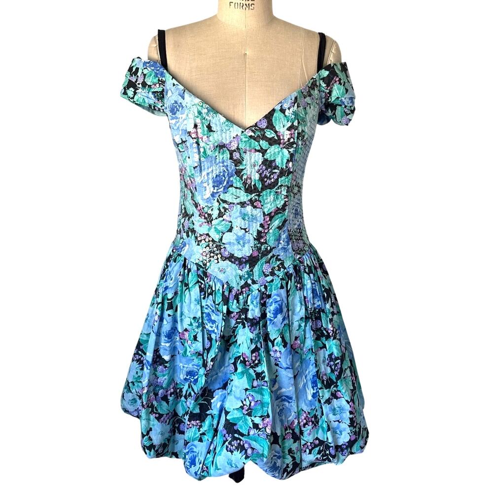 Expo Nite Vintage 90s Party Dress Blue Sequin Floral Bubble Hem Size 12
